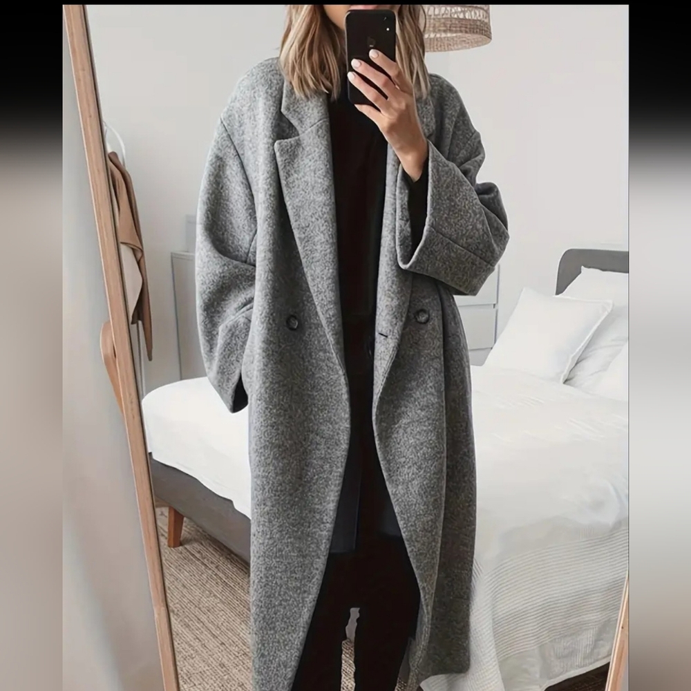 Women's Plus Faux Grey Wool Double Breasted 3 Button Trench Coat-Unlined-Sz-XXL